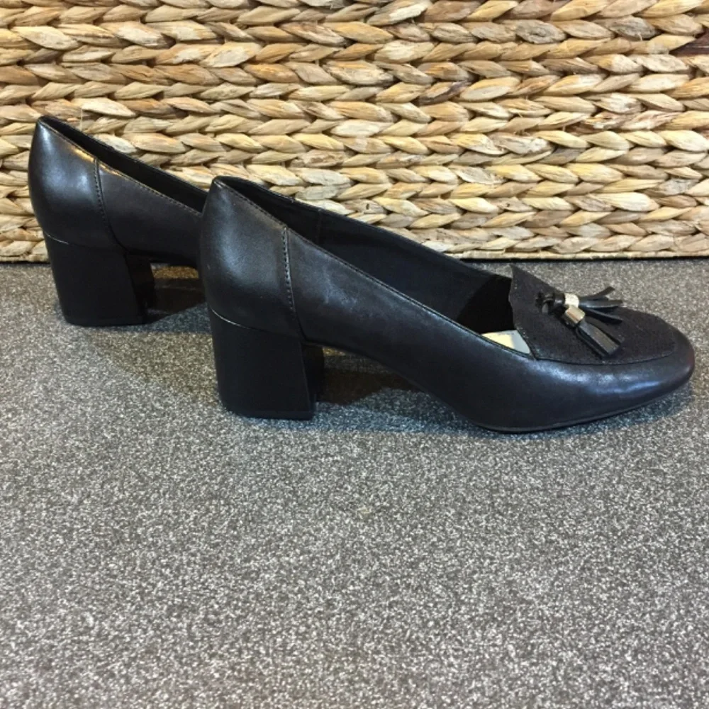 Anne Klein Iflex Black Leather Heeled Loafers with Tassel & Patent Detail